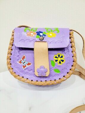 Y2K Handmade Leather Purple Flowers Butterfly Crossbody Bag